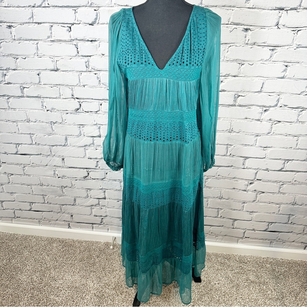 Sundance Adore Moi Long Sleeve Midi Dress Medium Pacific Teal Tiered Sheer Boho - Picture 2 of 12